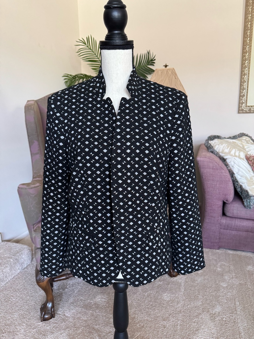 Nine West Black and White Patterned Open Blazer